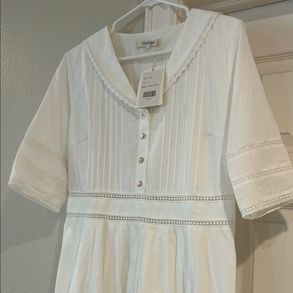 White Button-Down Dress with Lace Trim
